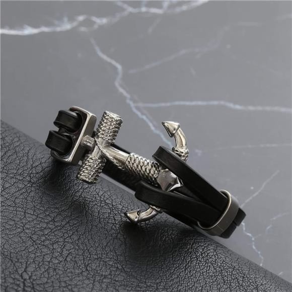 Double Layer Black Leather Bracelet for Men - Picture 3 of 6